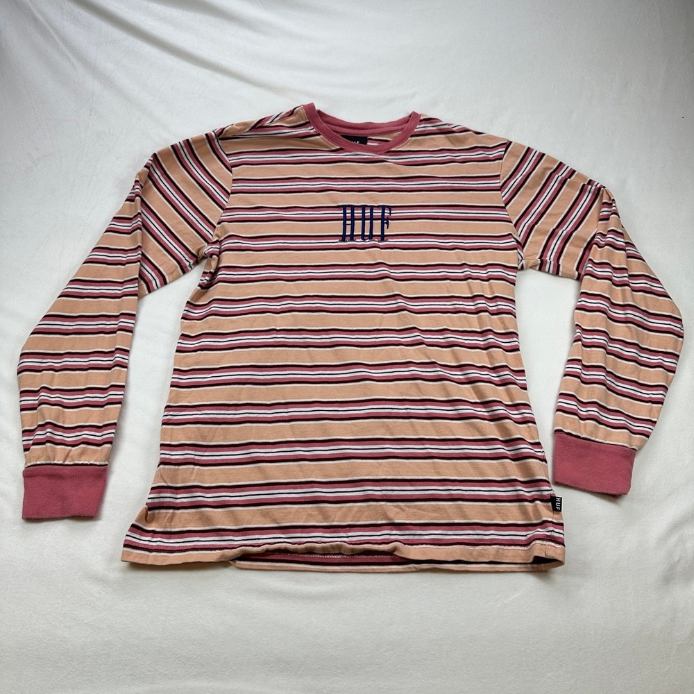 HUF Embroidered Striped Long Sleeve T Shirt Menswear Skateboarding Top Y2K